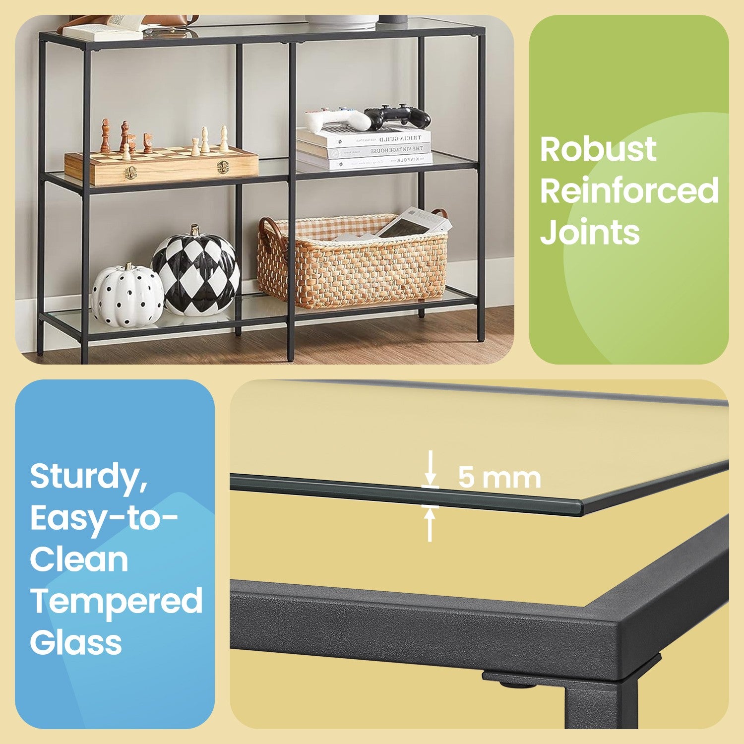 Modern Entryway Table, 3-Tier Console Table with Tempered Glass Tabletop, Sofa Table, Black - image 3