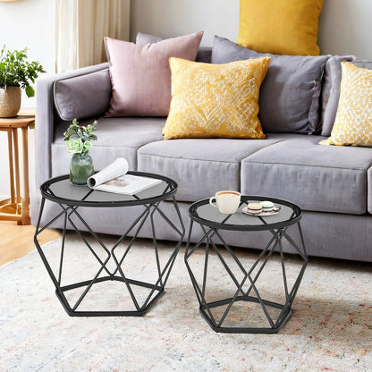 Small Round Coffee Table Set of 2, with Steel Frame, for Living Room - image 1