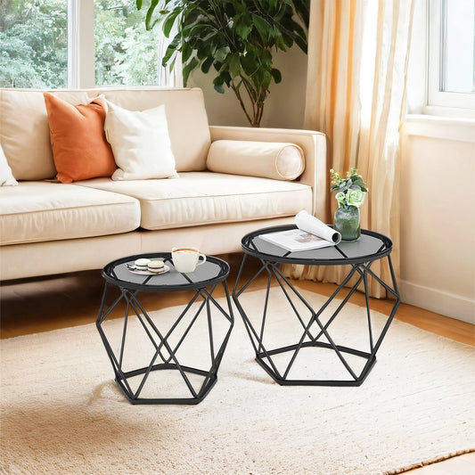 Small Round Coffee Table Set of 2, with Steel Frame, for Living Room - image 2