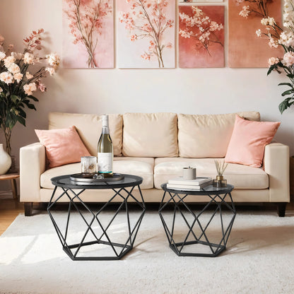 Small Round Coffee Table Set of 2, with Steel Frame, for Living Room - image 3