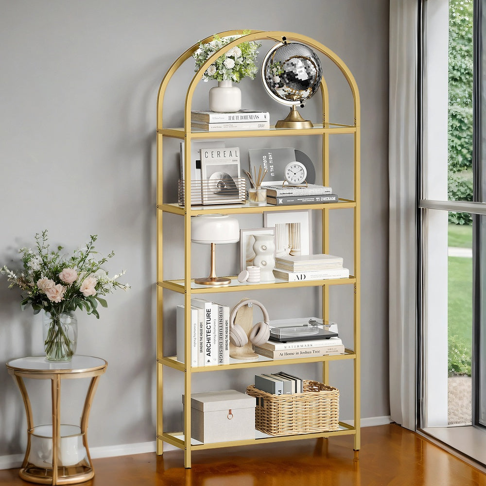 Tempered Glass Shelving Unit, Steel Frame, 5-Tier Storage Shelf for Living Room Study Bathroom, Gold - image 2