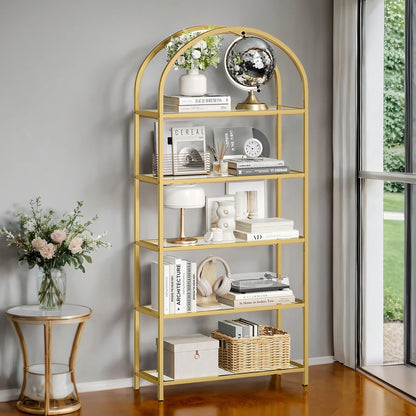 Tempered Glass Shelving Unit, Steel Frame, 5-Tier Storage Shelf for Living Room Study Bathroom, Gold - image 2