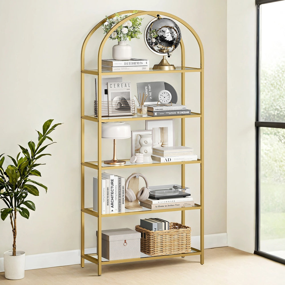 Tempered Glass Shelving Unit, Steel Frame, 5-Tier Storage Shelf for Living Room Study Bathroom, Gold - image 3
