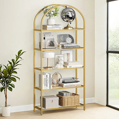 Tempered Glass Shelving Unit, Steel Frame, 5-Tier Storage Shelf for Living Room Study Bathroom, Gold - image 3