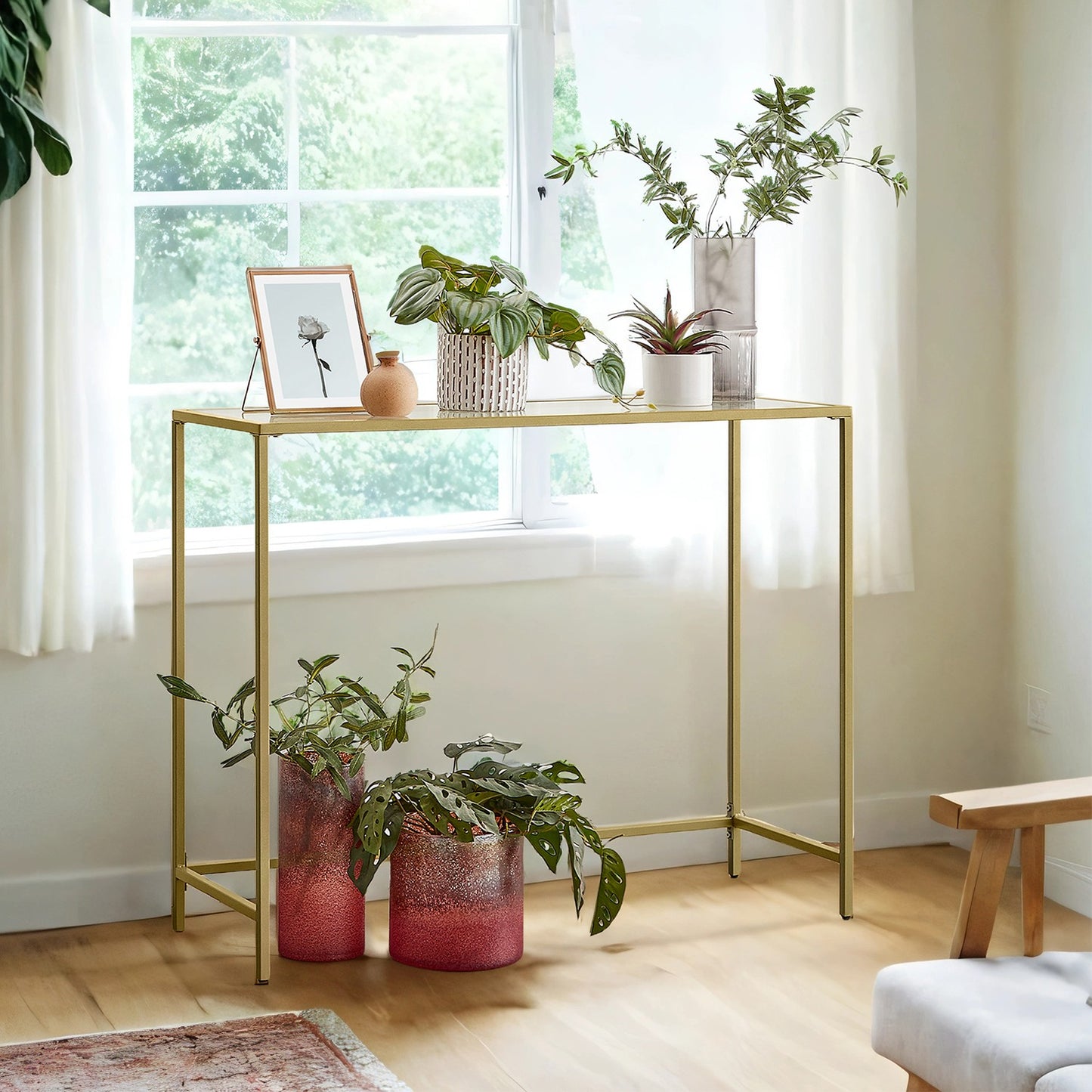 Modern Entryway Table, Console Table with Tempered Glass Tabletop, Sofa Table, Gold - image 1