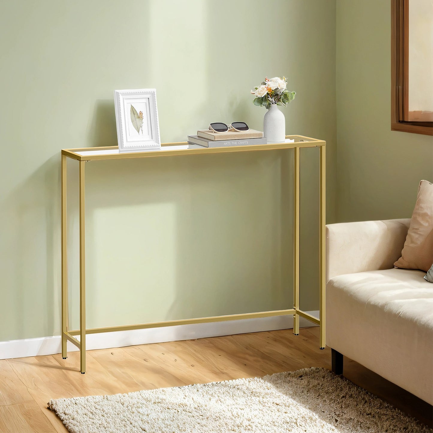 Modern Entryway Table, Console Table with Tempered Glass Tabletop, Sofa Table, Gold - image 3