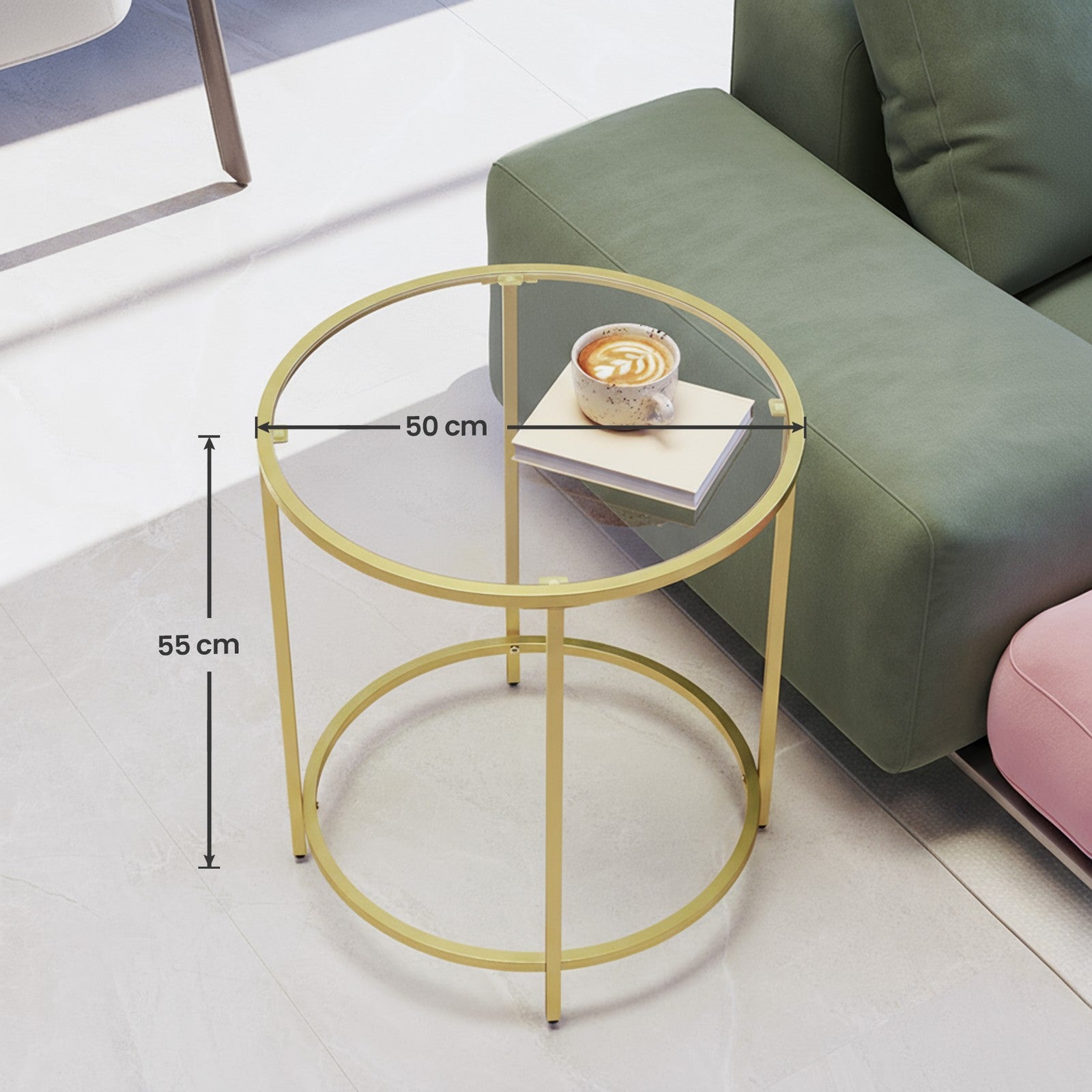 Glass End Table, Round Side Table with Metal Frame, for Living Room - image 3