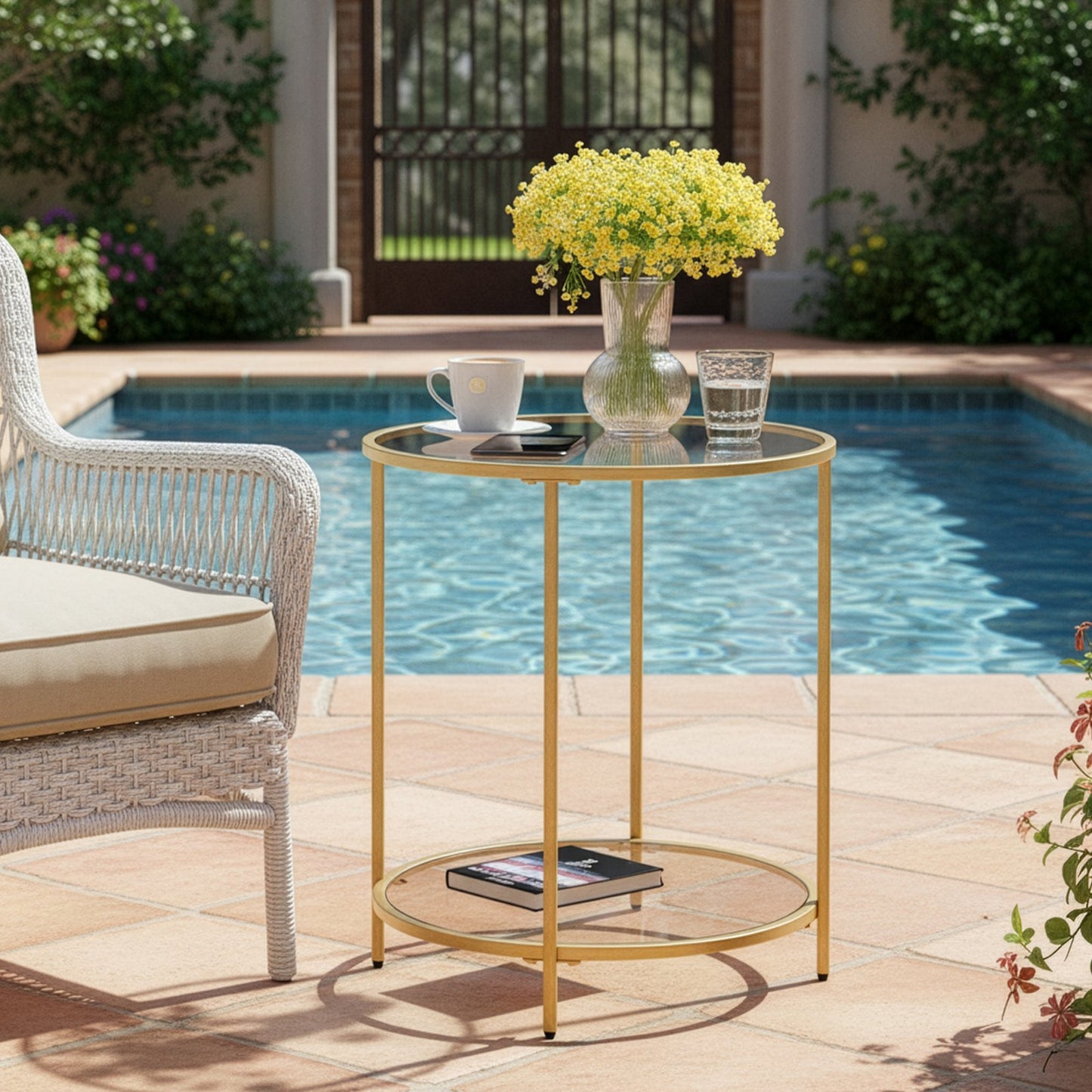 Glass End Table, Round Side Table with Metal Frame, for Living Room - image 5