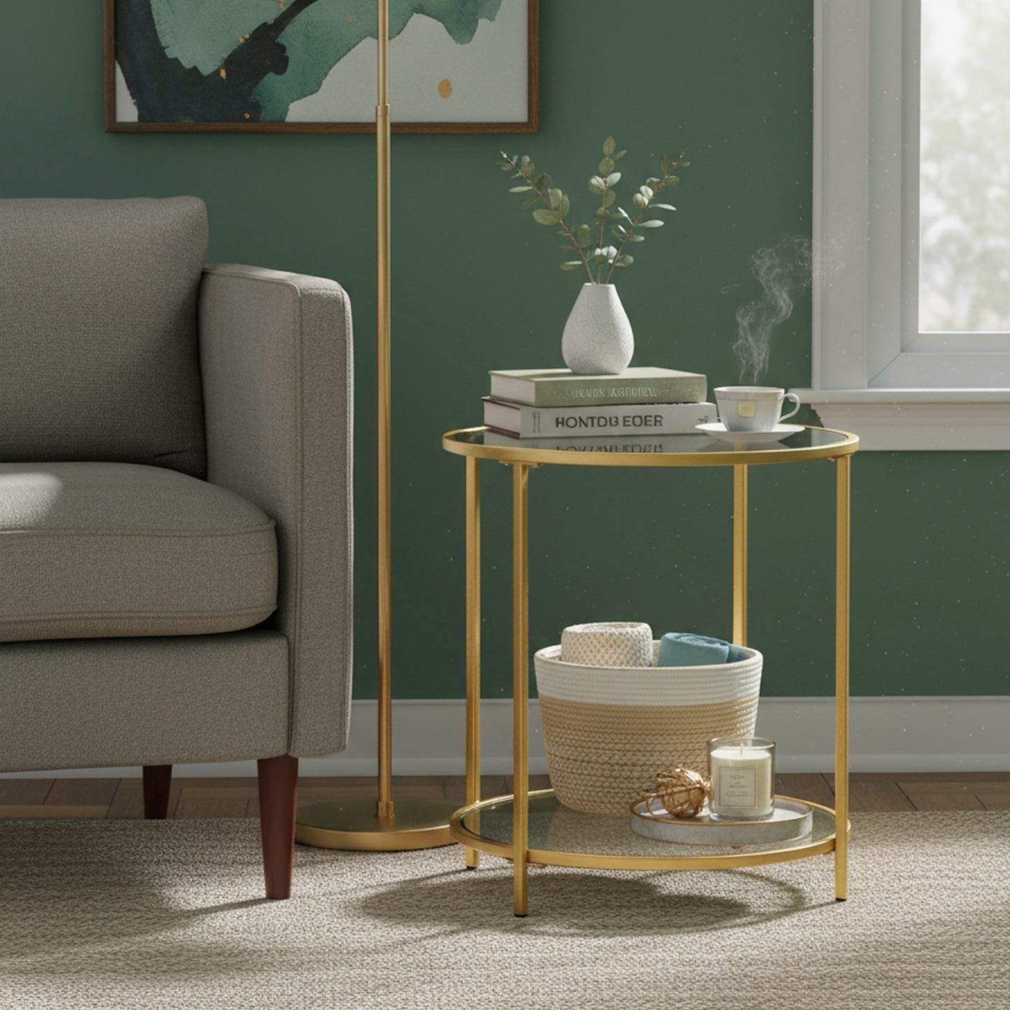 Glass End Table, Round Side Table with Metal Frame, for Living Room - image 6