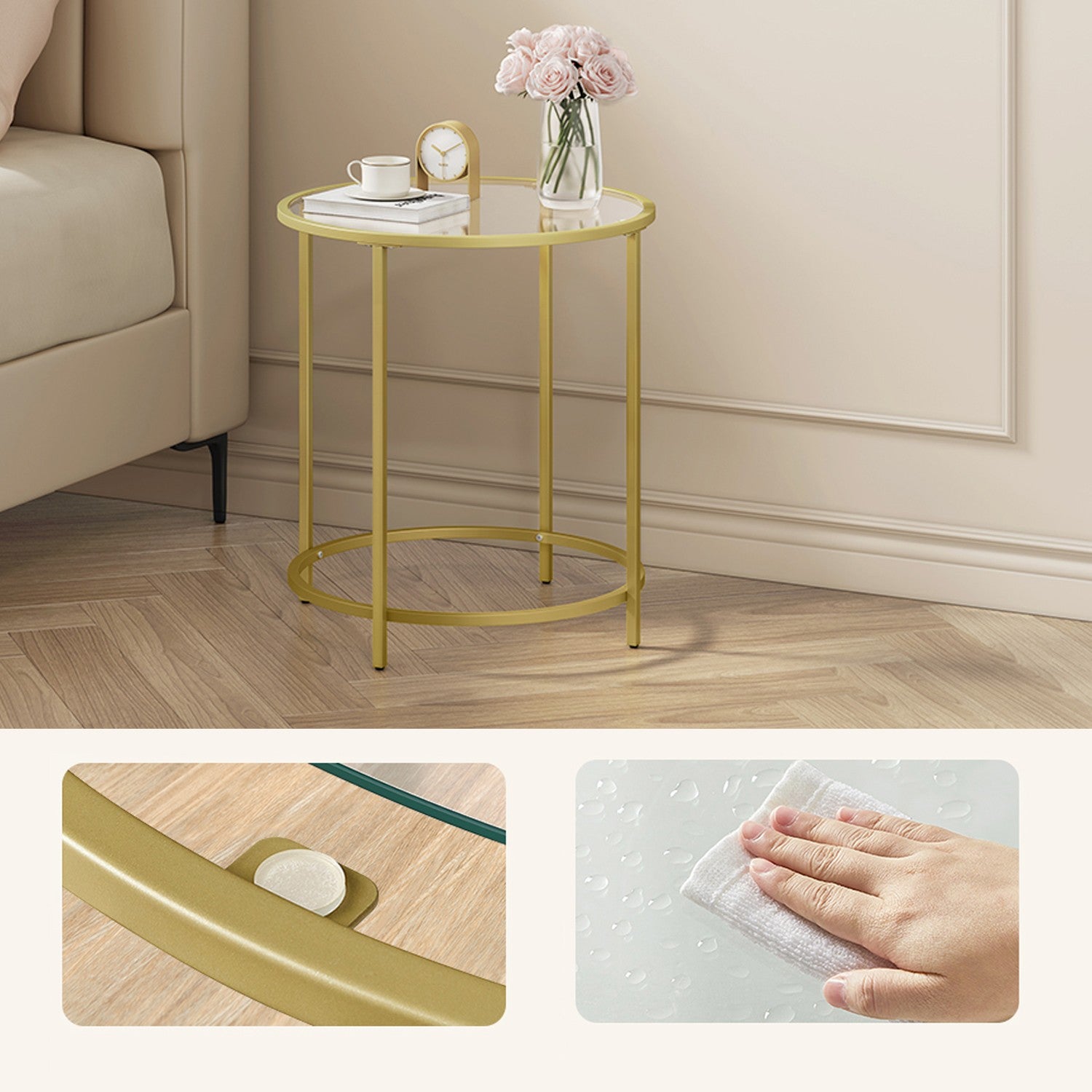 Glass End Table, Round Side Table with Metal Frame, for Living Room - image 9