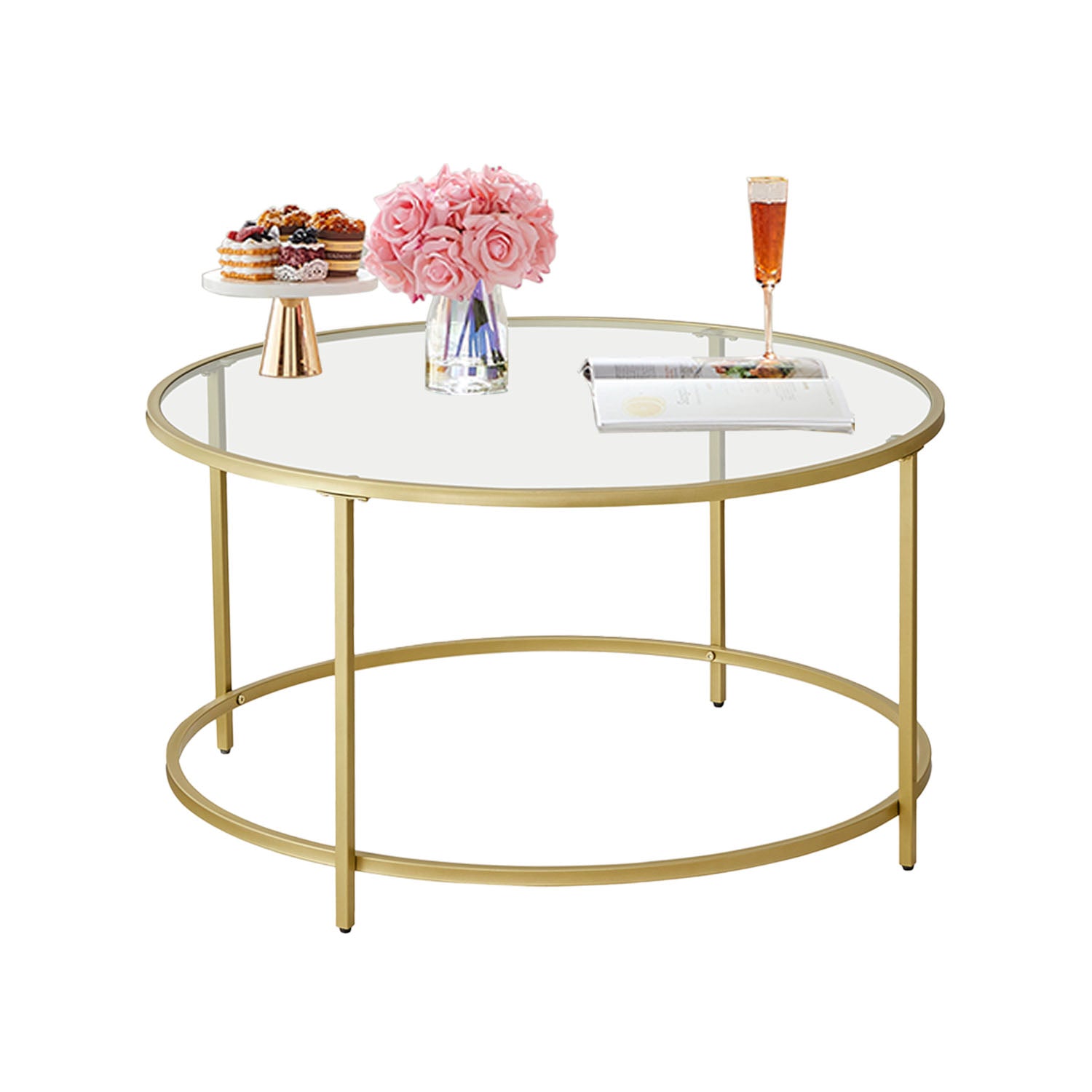 Glass Coffee Table with Metal Frame, Modern Coffee Table, Round Coffee Table for Living Room, Gold - image 1