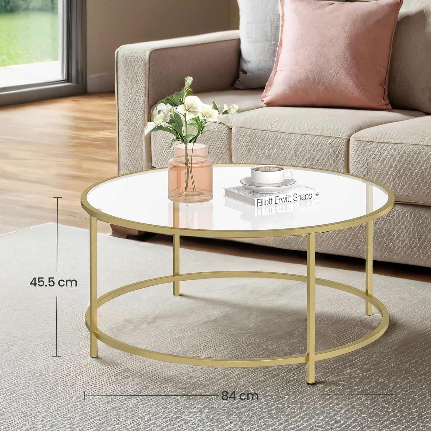 Glass Coffee Table with Metal Frame, Modern Coffee Table, Round Coffee Table for Living Room, Gold - image 2