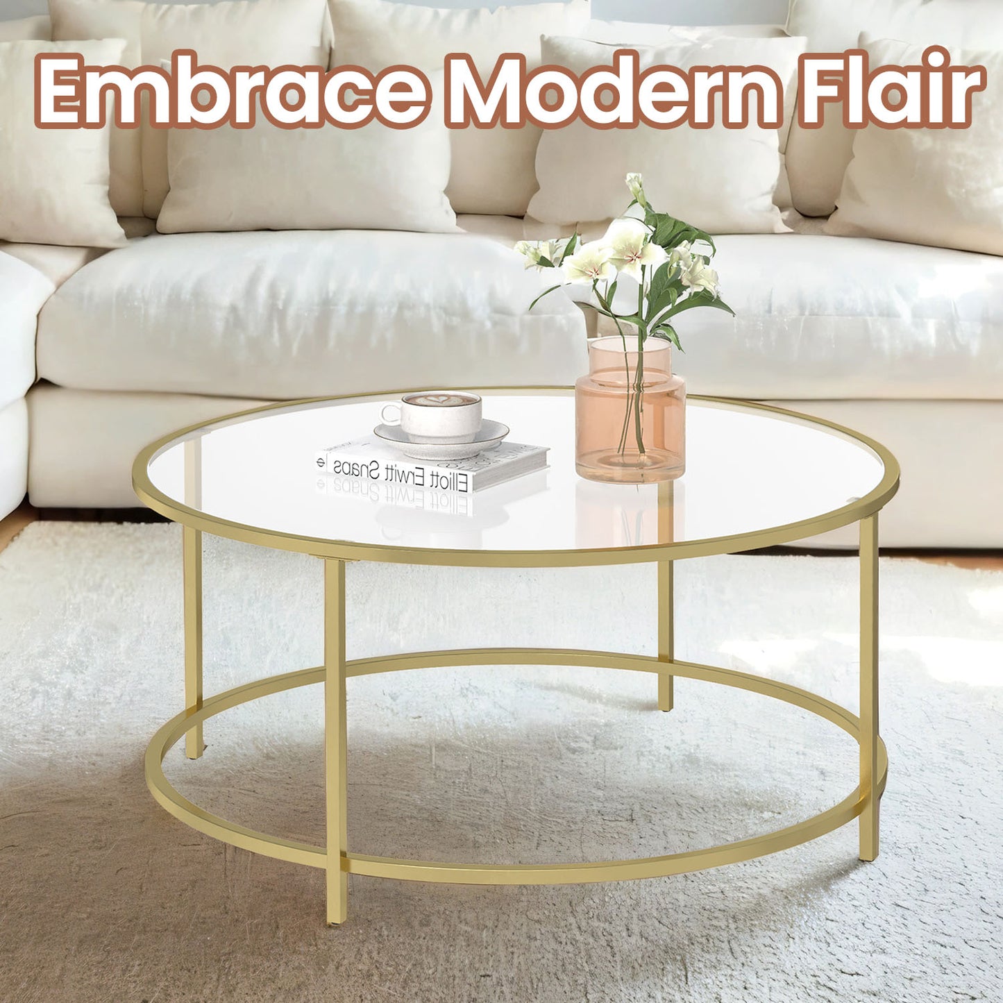Glass Coffee Table with Metal Frame, Modern Coffee Table, Round Coffee Table for Living Room, Gold - image 3