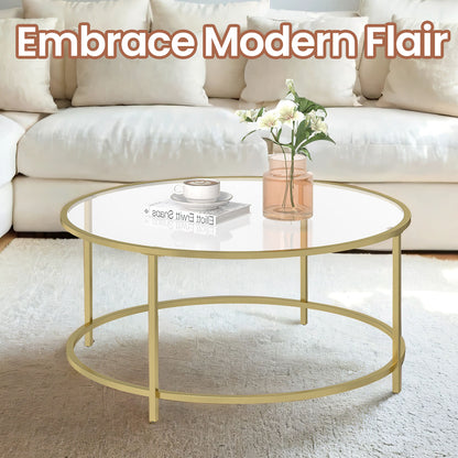 Glass Coffee Table with Metal Frame, Modern Coffee Table, Round Coffee Table for Living Room, Gold - image 3