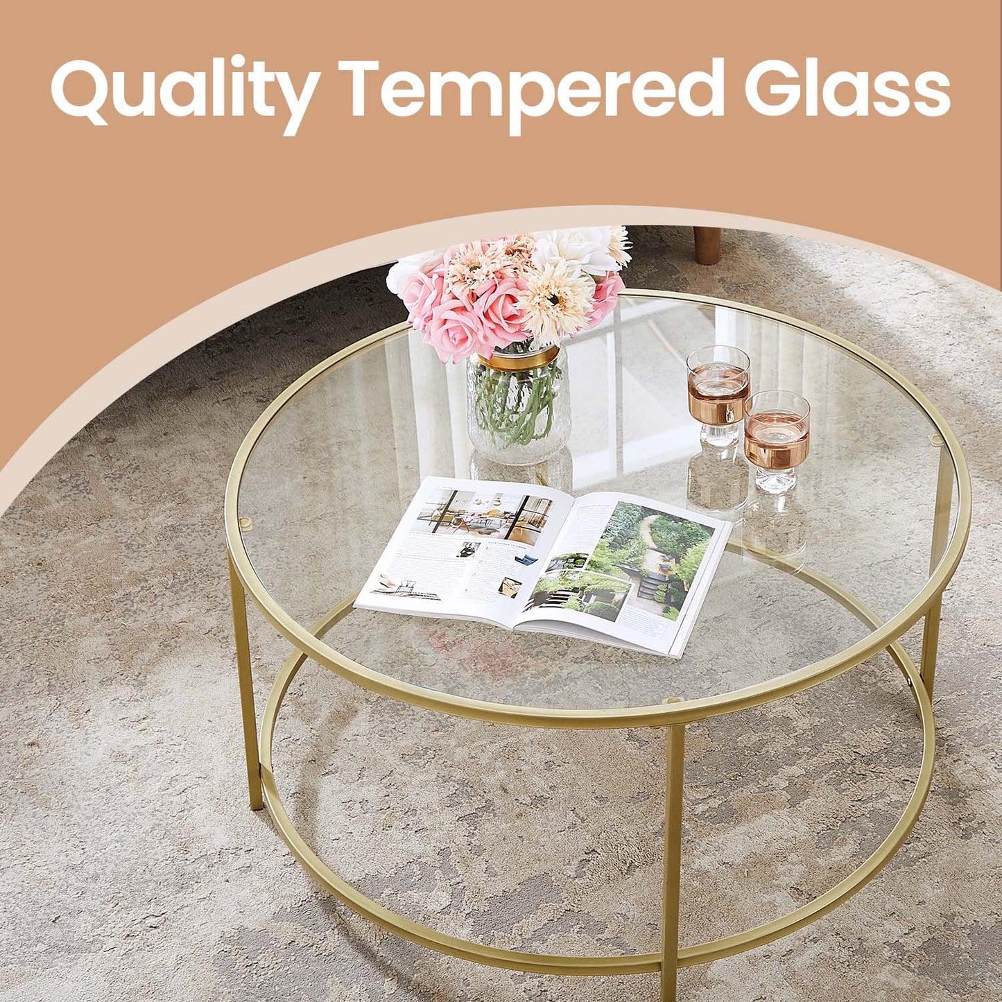 Glass Coffee Table with Metal Frame, Modern Coffee Table, Round Coffee Table for Living Room, Gold - image 5