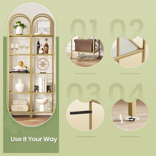 5-Tier Storage Rack, Glass Display Shelf, Bookcase with Steel Frame and Arch Design - image 1