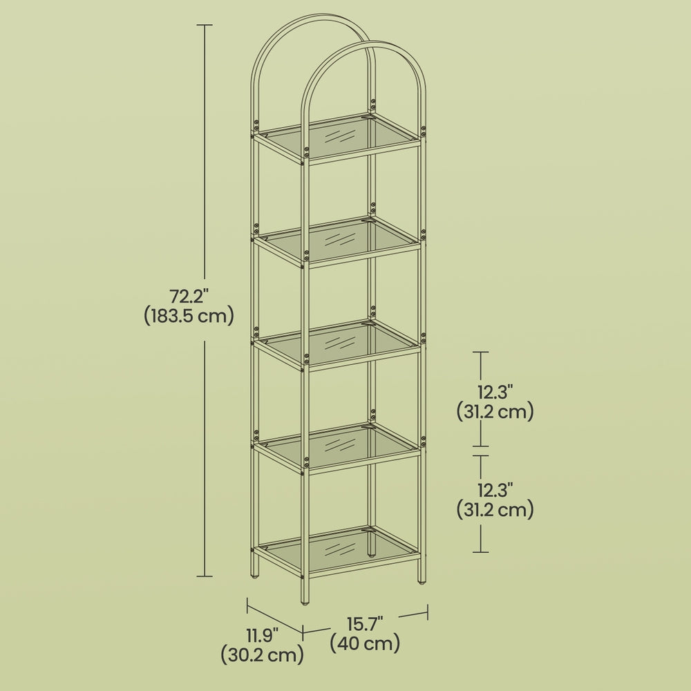 5-Tier Storage Rack, Glass Display Shelf, Bookcase with Steel Frame and Arch Design - image 3