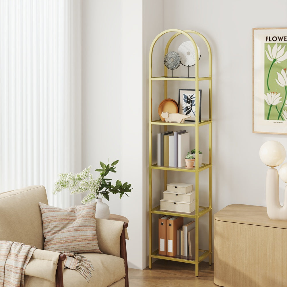 5-Tier Storage Rack, Glass Display Shelf, Bookcase with Steel Frame and Arch Design - image 4
