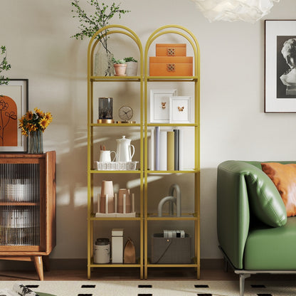 5-Tier Storage Rack, Glass Display Shelf, Bookcase with Steel Frame and Arch Design - image 5