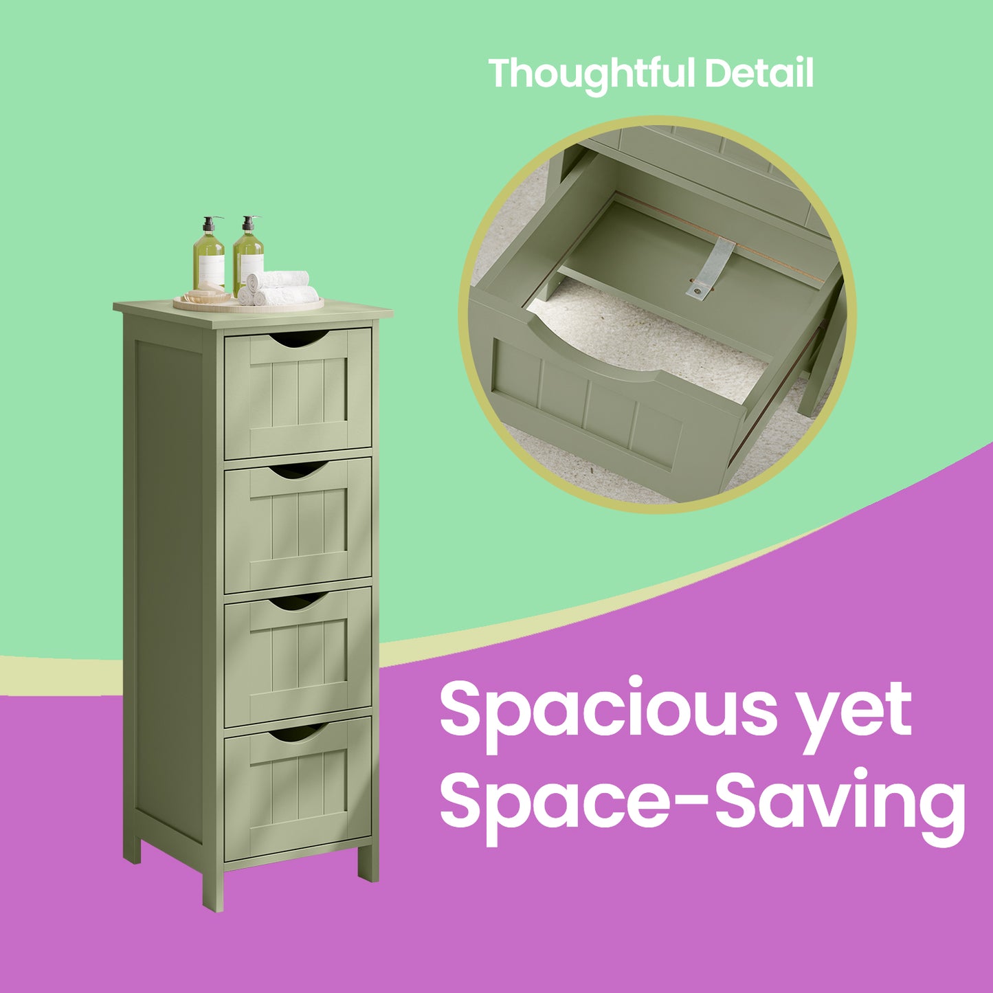 Freestanding Storage Cabinet for Bathroom, with Drawers, Modern Bathroom Storage Organiser Unit, Green - image 4