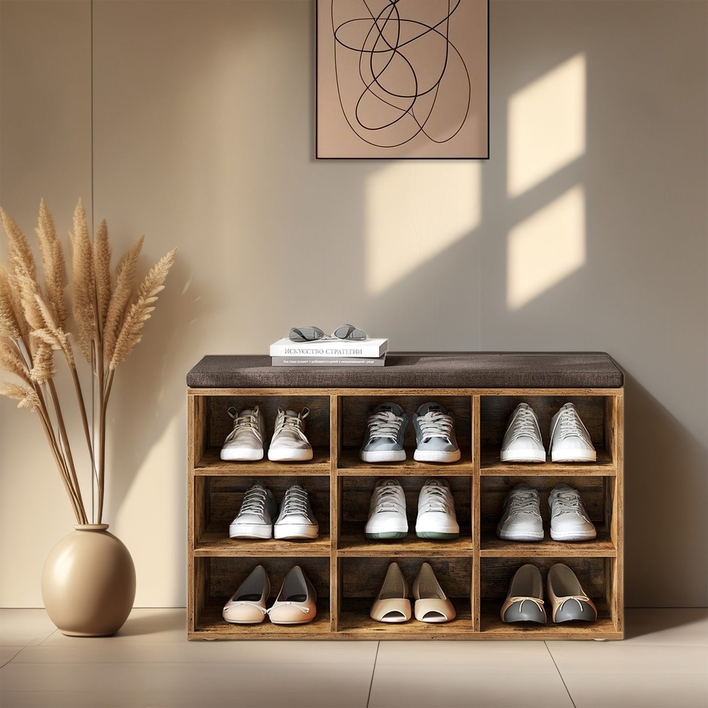 Shoe Bench, Storage Bench with Padded Seat, 9 Compartments - image 2