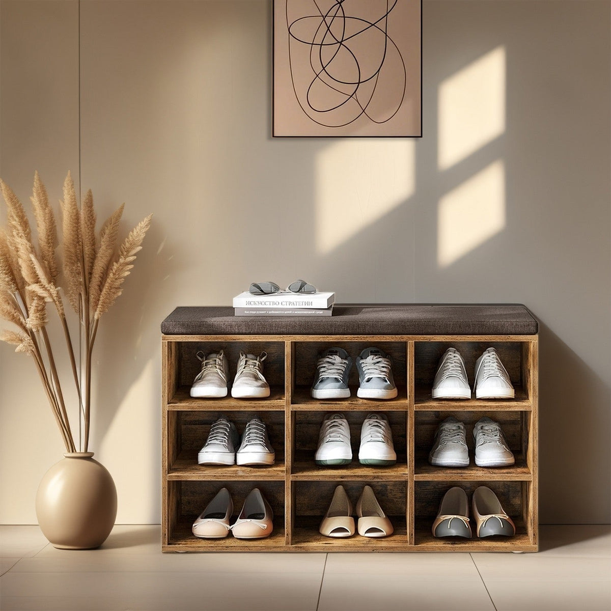Shoe Bench, Storage Bench with Padded Seat, 9 Compartments - image 1