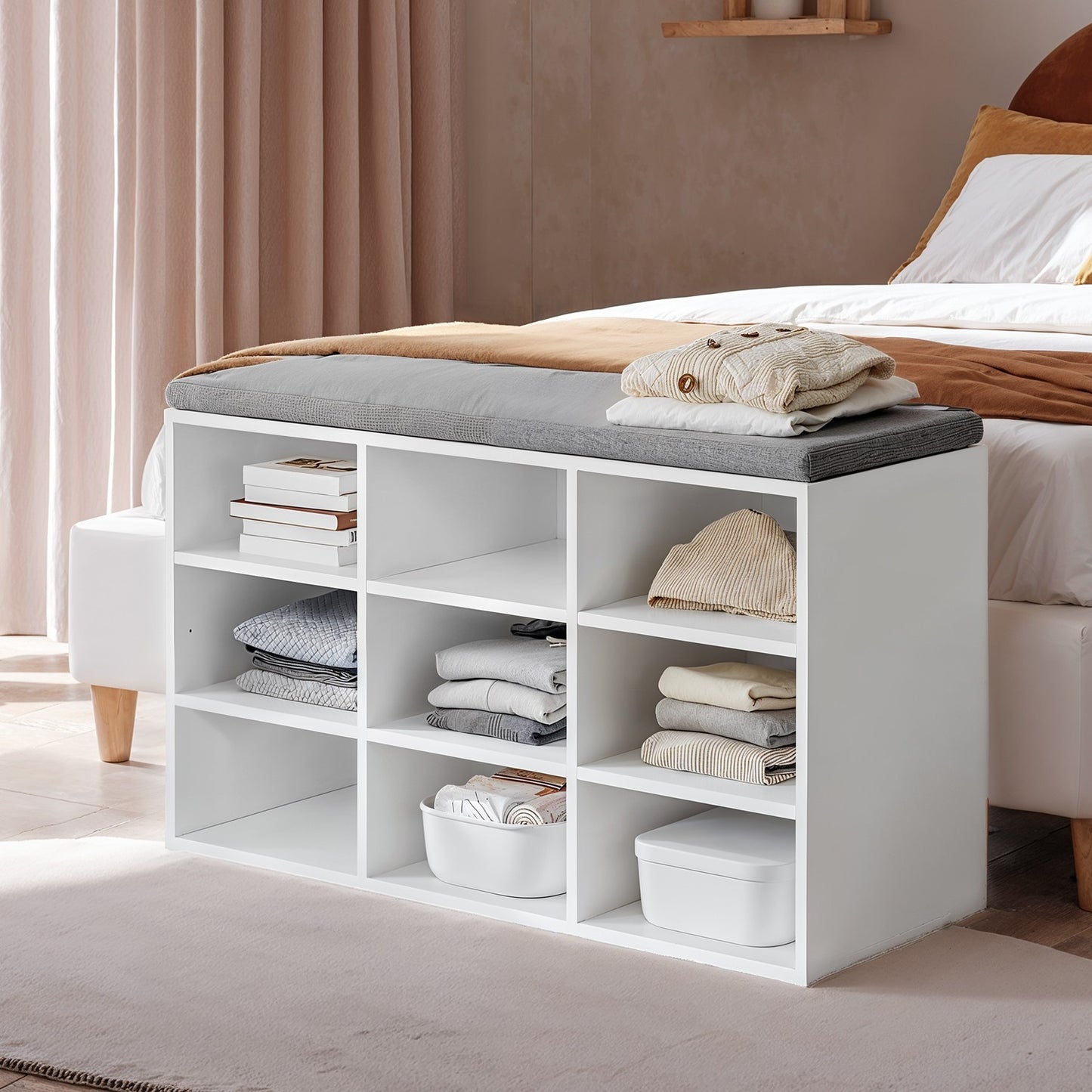 Shoe Bench, Storage Bench with Padded Seat, 9 Compartments - image 9