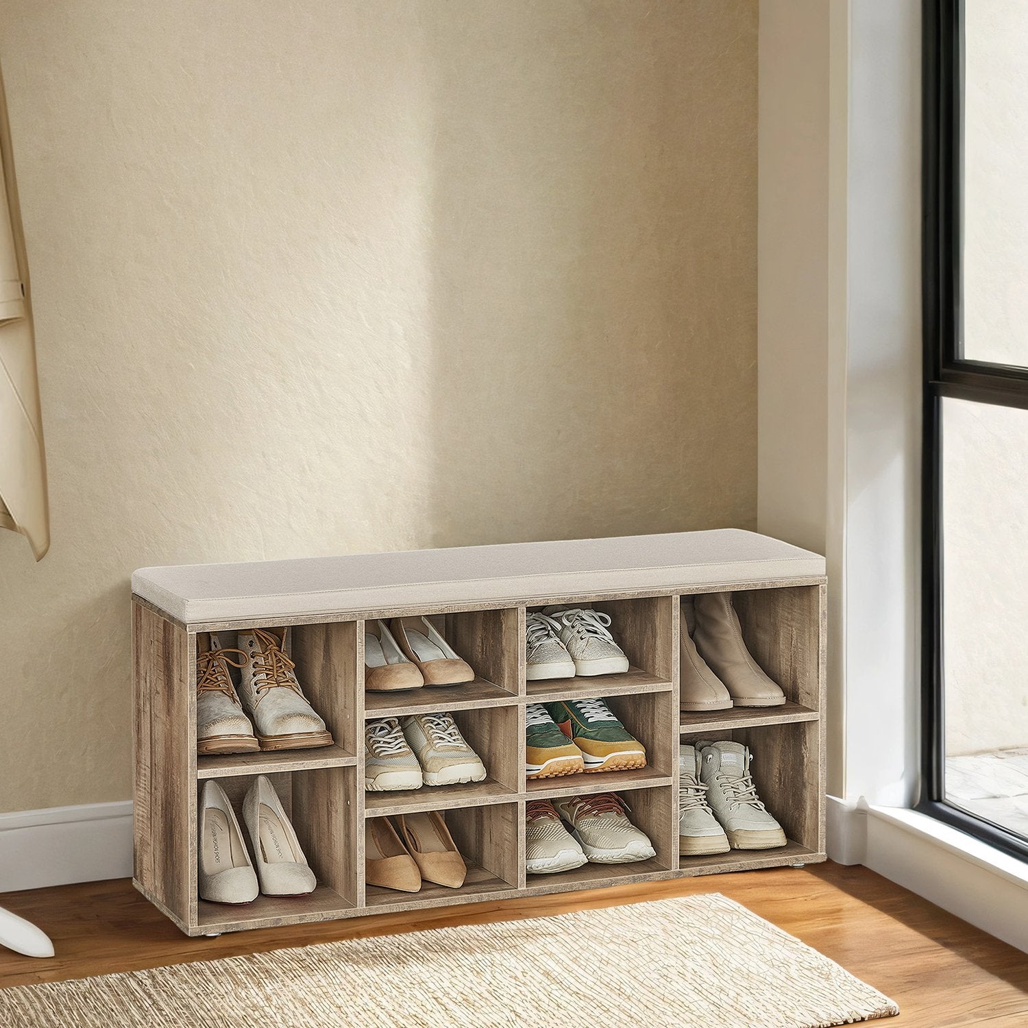 Shoe Bench, Storage Bench with Padded Seat, 9 Compartments - image 16