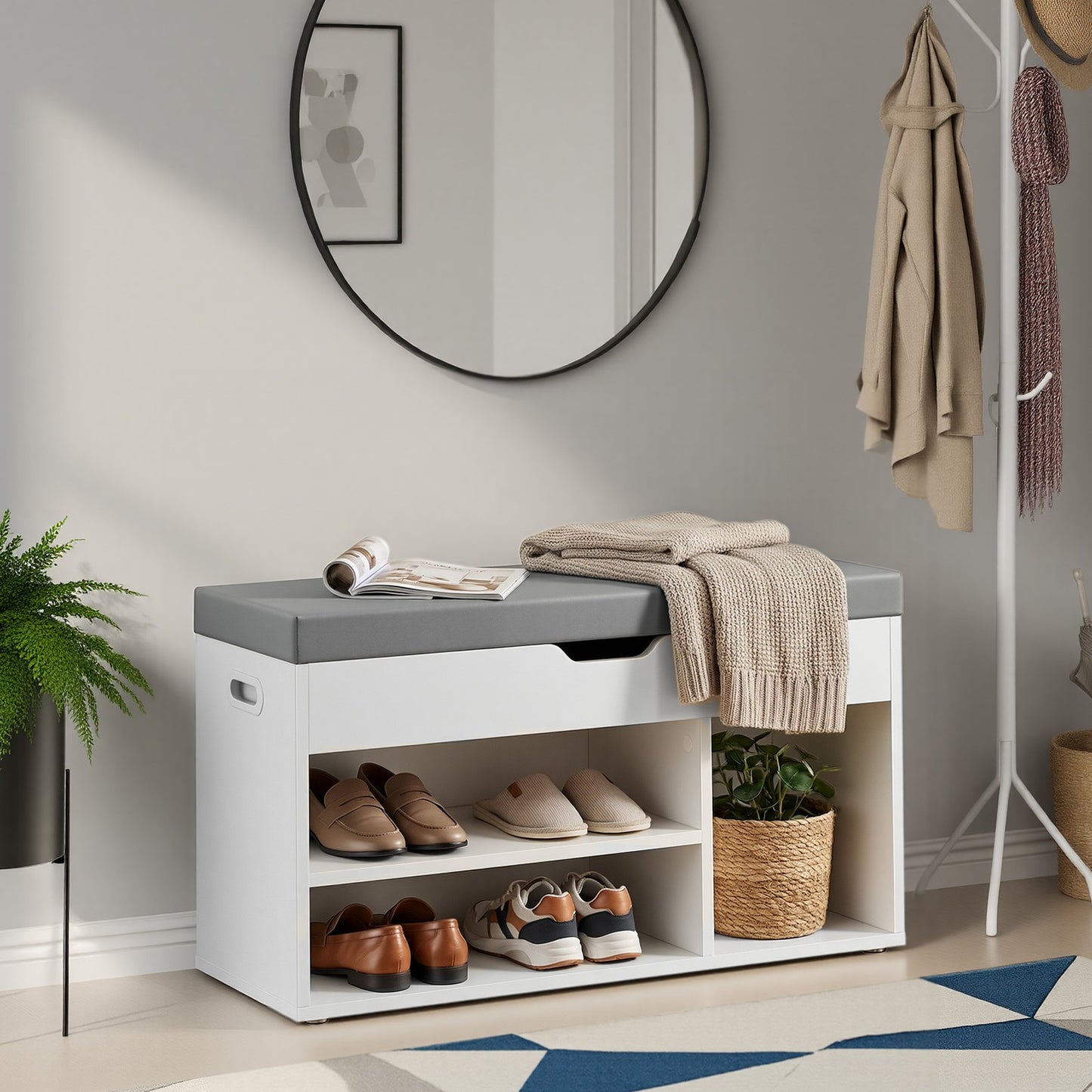 Entryway Storage Bench with Shelves, Cushioned Shoe Organiser, Hidden Compartment, Bedroom, Hallway, Brown - image 27