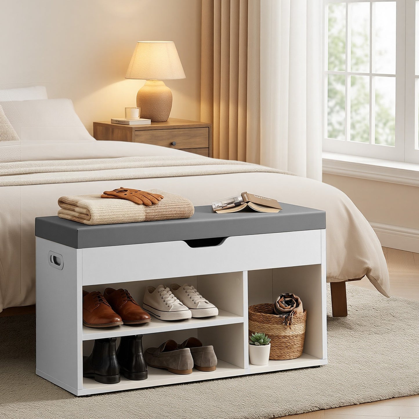 Entryway Storage Bench with Shelves, Cushioned Shoe Organiser, Hidden Compartment, Bedroom, Hallway, Brown - image 30