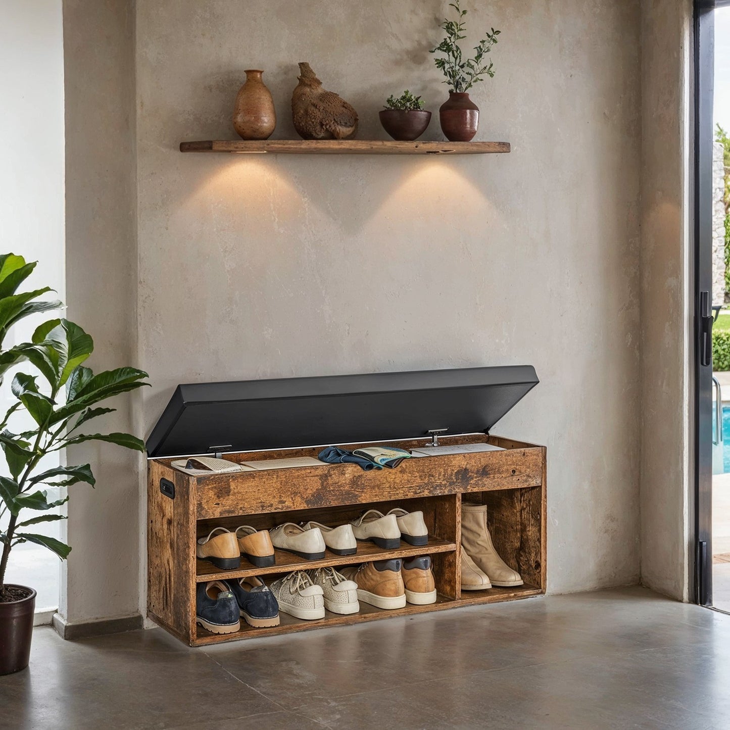 Entryway Storage Bench with Shelves, Cushioned Shoe Organiser, Hidden Compartment, Bedroom, Hallway, Brown - image 20