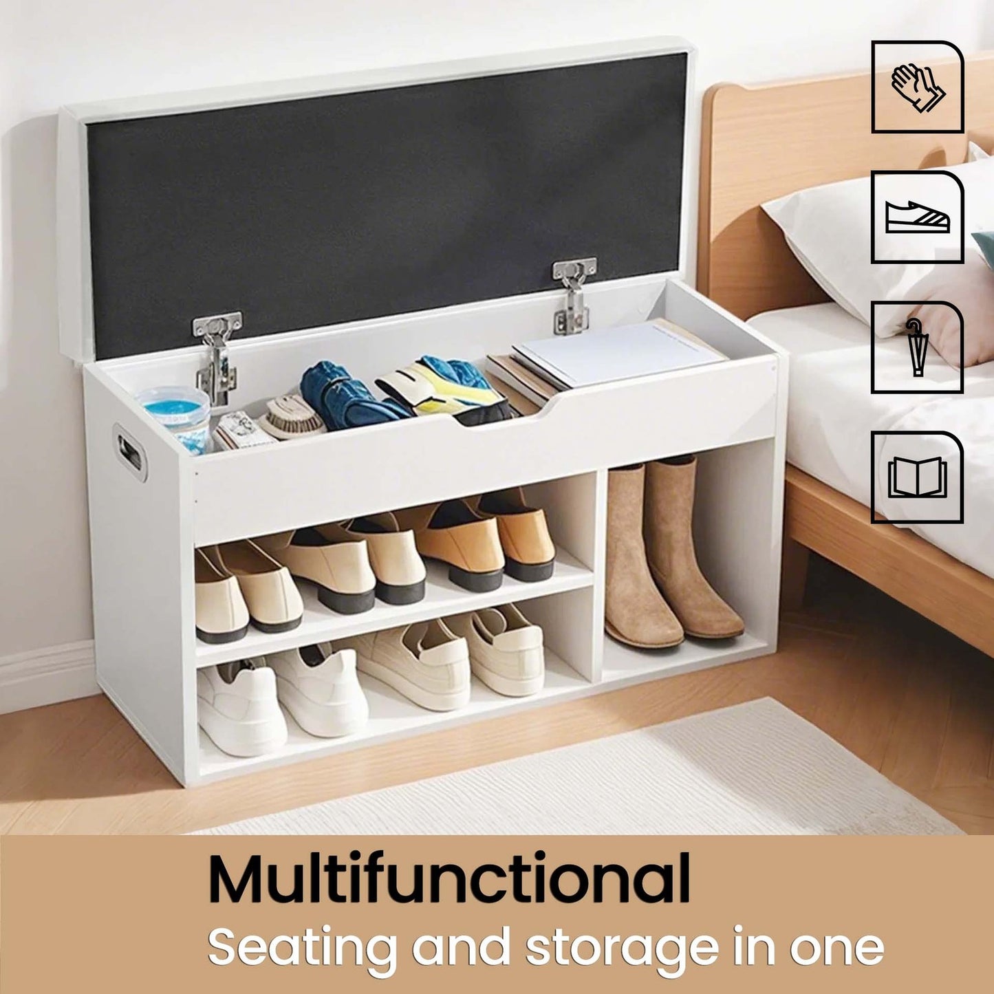 Entryway Storage Bench with Shelves, Cushioned Shoe Organiser, Hidden Compartment, Bedroom, Hallway, Brown - image 35