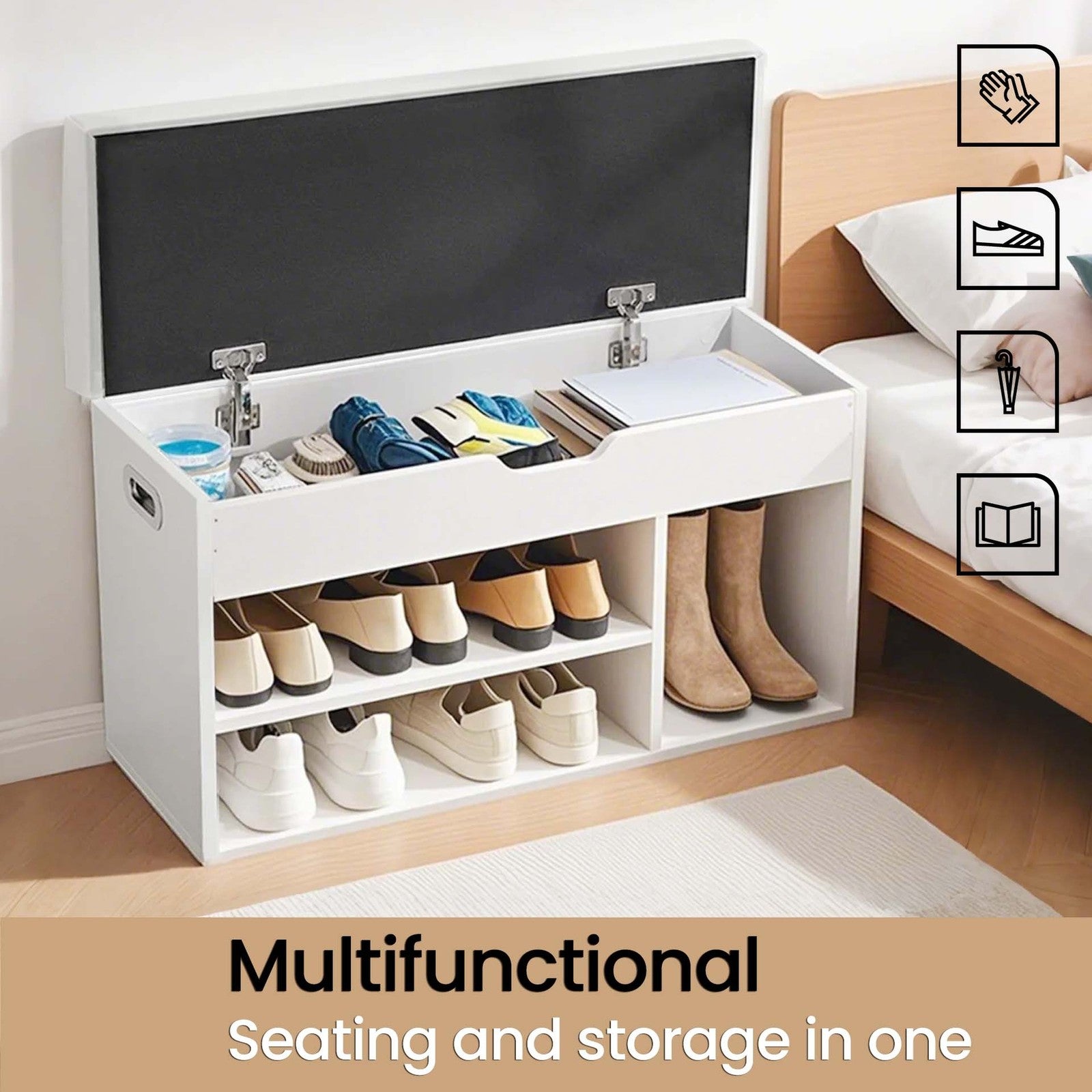 Entryway Storage Bench with Shelves, Cushioned Shoe Organiser, Hidden Compartment, Bedroom, Hallway, Brown - image 35