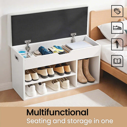 Entryway Storage Bench with Shelves, Cushioned Shoe Organiser, Hidden Compartment, Bedroom, Hallway, Brown - image 35