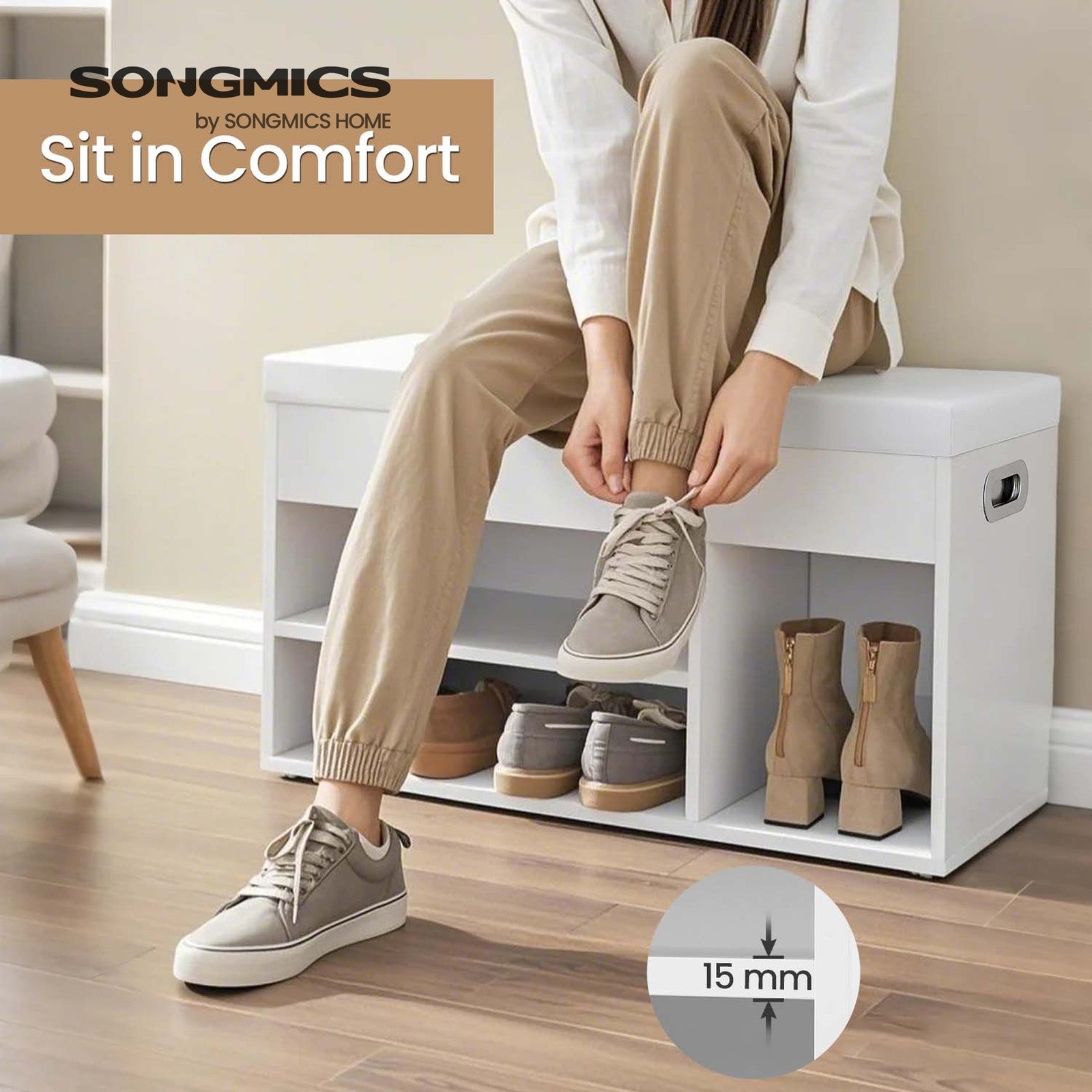 Entryway Storage Bench with Shelves, Cushioned Shoe Organiser, Hidden Compartment, Bedroom, Hallway, Brown - image 36