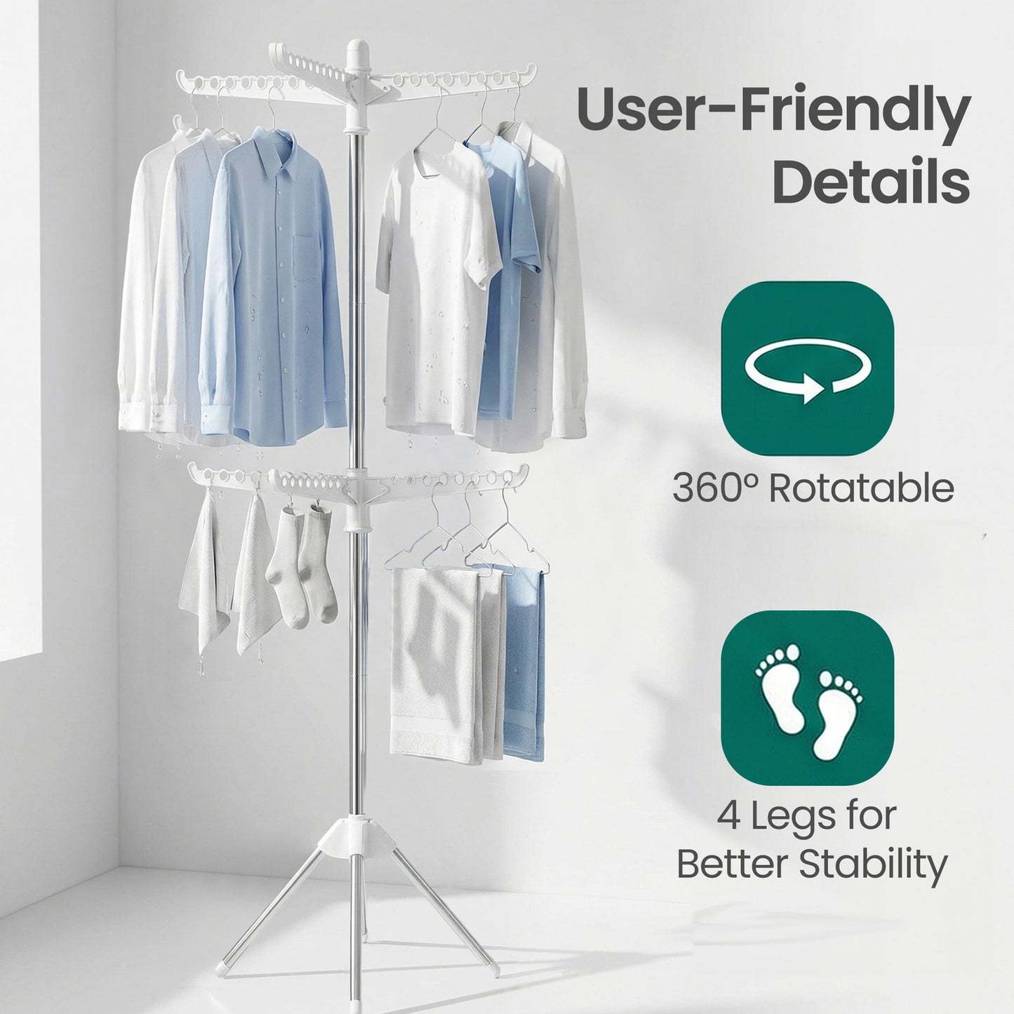 Clothes Drying Rack, 150 cm Tall Laundry Rack with 3 Rotatable Arms for Hangers, 4 Legs - image 13