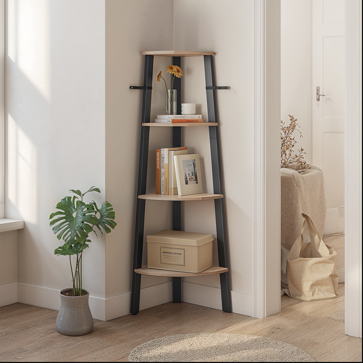 Corner Shelf, 4-Tier Corner Bookshelf, Storage Shelving Unit with Steel Frame - image 2