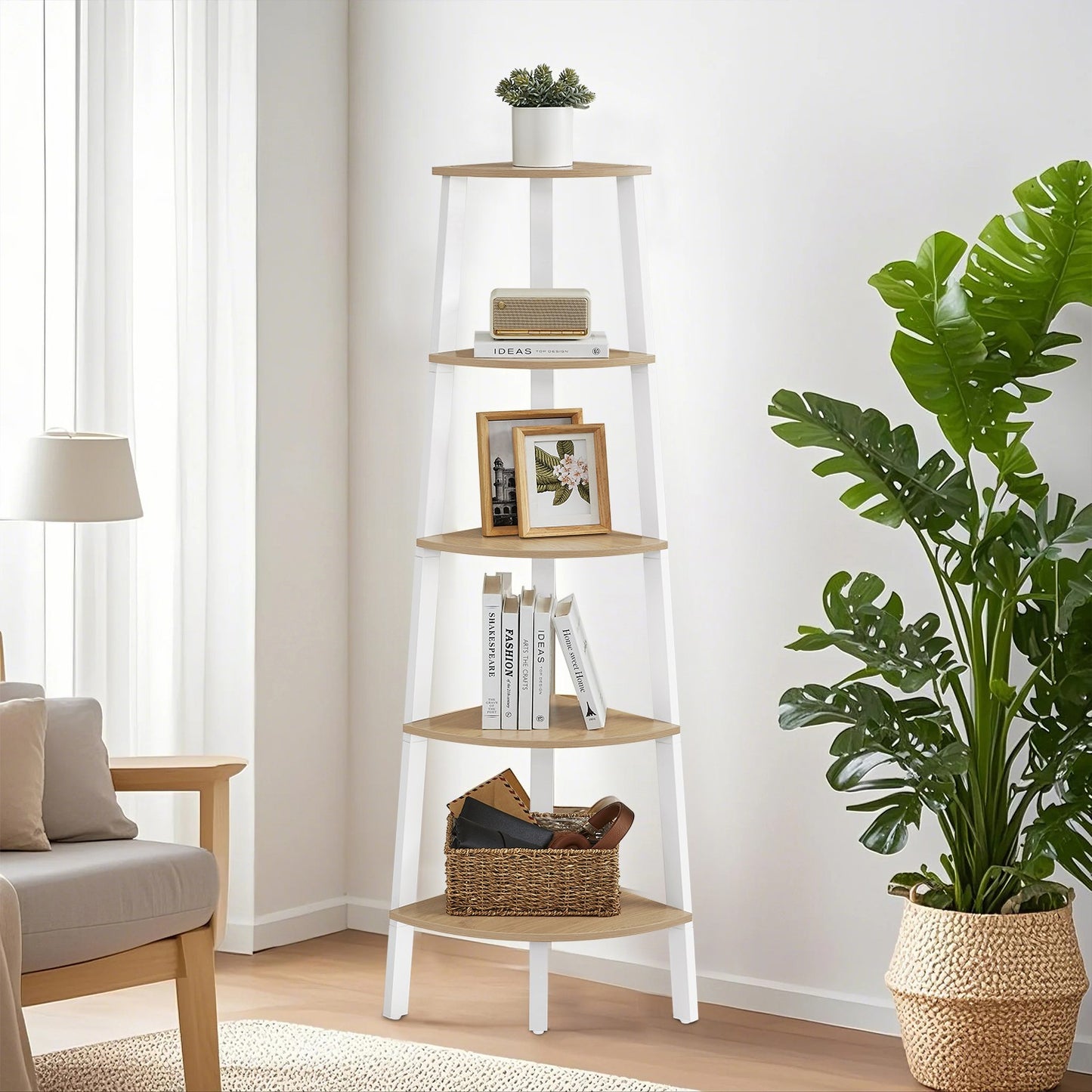 Corner Ladder Shelf, 5 Tiers, Natural and White - image 1