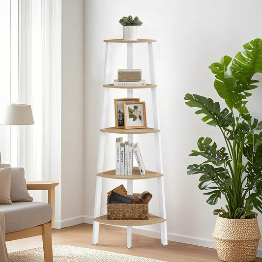 Corner Ladder Shelf, 5 Tiers, Natural and White - image 1