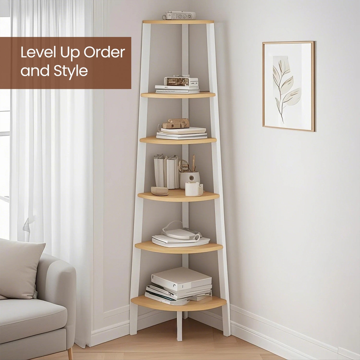Corner Ladder Shelf, 5 Tiers, Natural and White - image 3