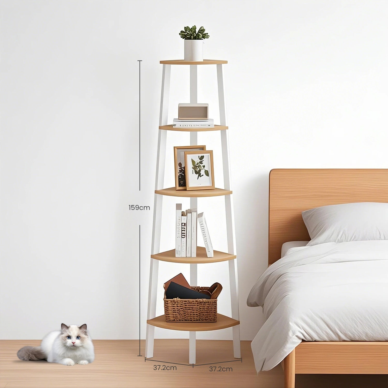 Corner Ladder Shelf, 5 Tiers, Natural and White - image 2