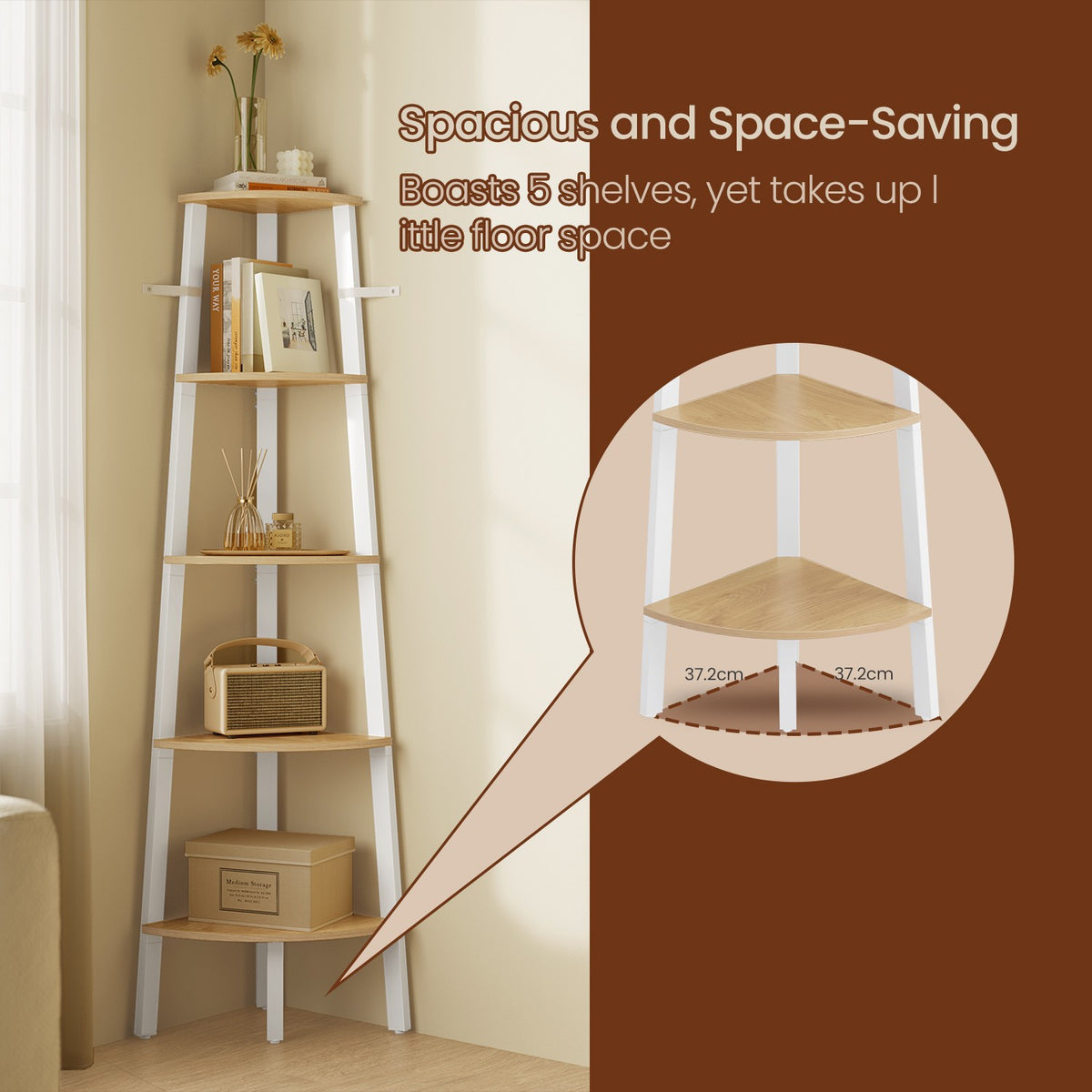 Corner Ladder Shelf, 5 Tiers, Natural and White - image 4