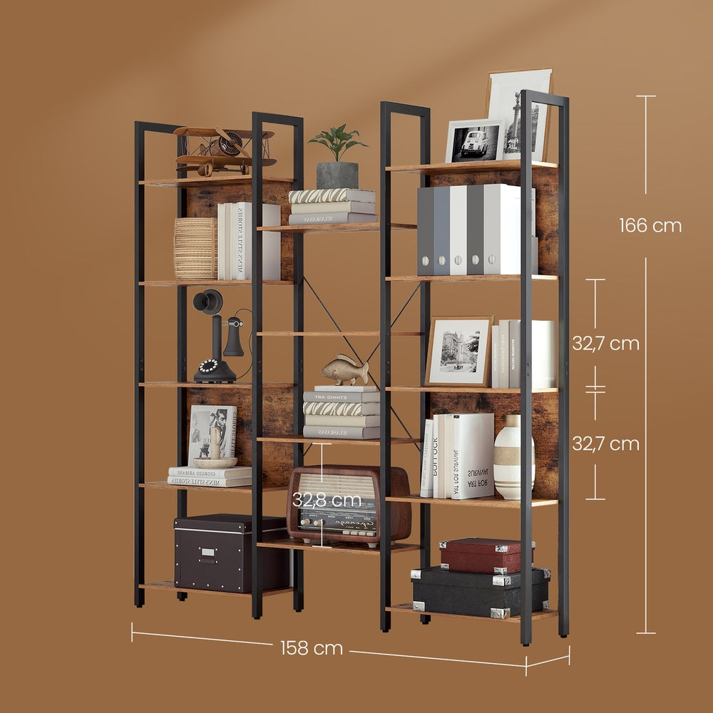 5-Tier Storage Rack with 14 Shelves, Book Shelf with Metal Frame, 24 x 158 x 166 cm, Brown and Black - image 2