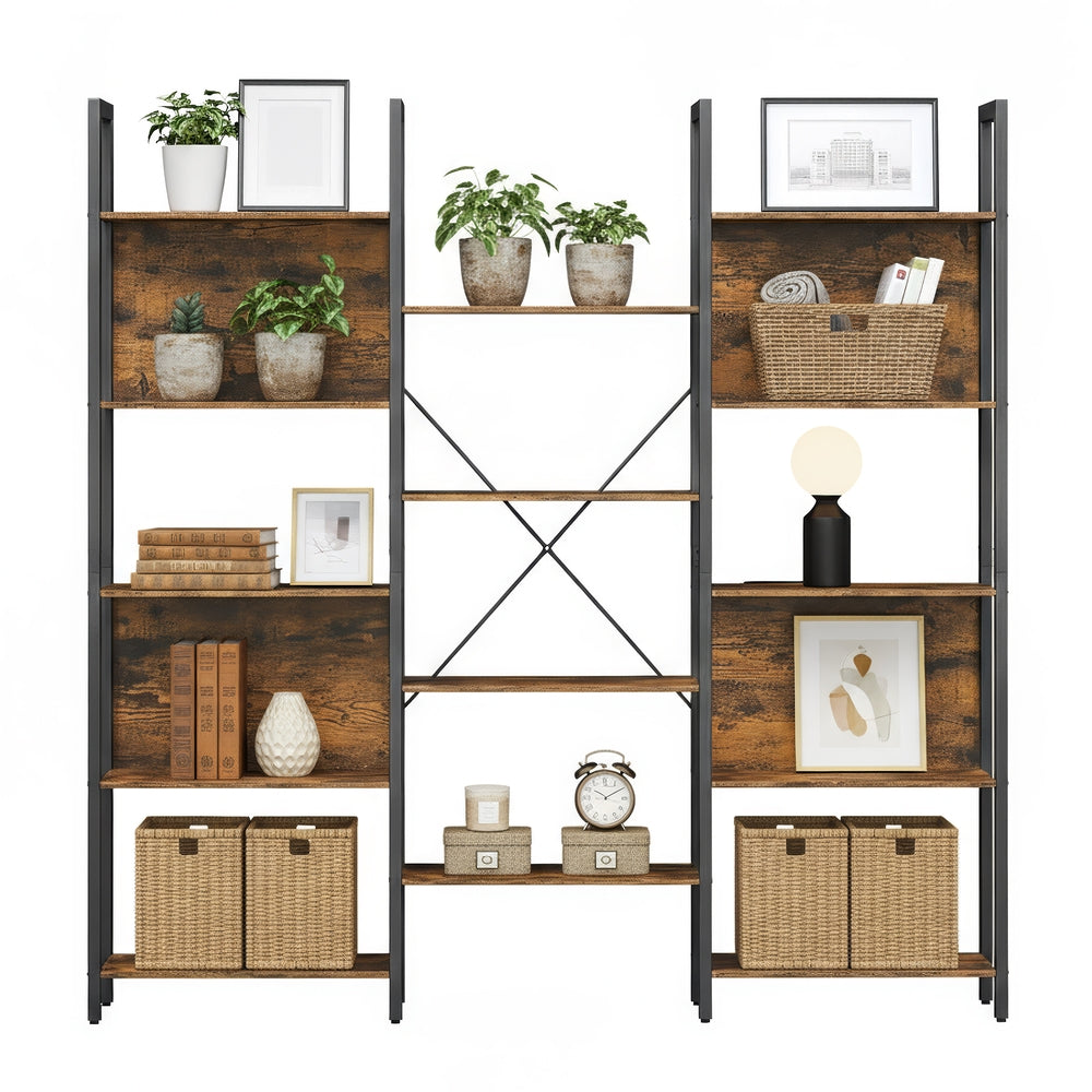 5-Tier Storage Rack with 14 Shelves, Book Shelf with Metal Frame, 24 x 158 x 166 cm, Brown and Black - image 3