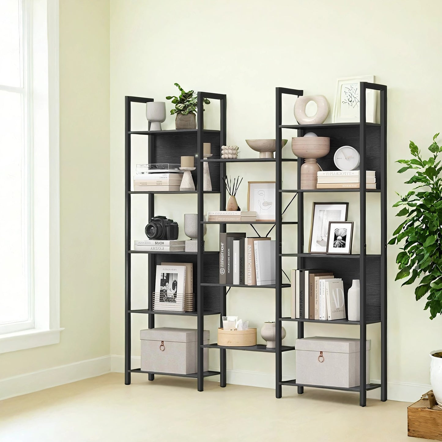 5-Tier Storage Rack with 14 Shelves, Book Shelf with Metal Frame, 24 x 158 x 166 cm, Brown and Black - image 13