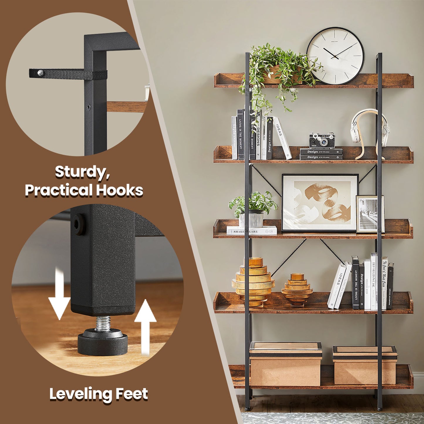 5-Tier Bookcase, Storage Rack, Book Shelf, for Study, Living Room, Bedroom, Brown and Black - image 4