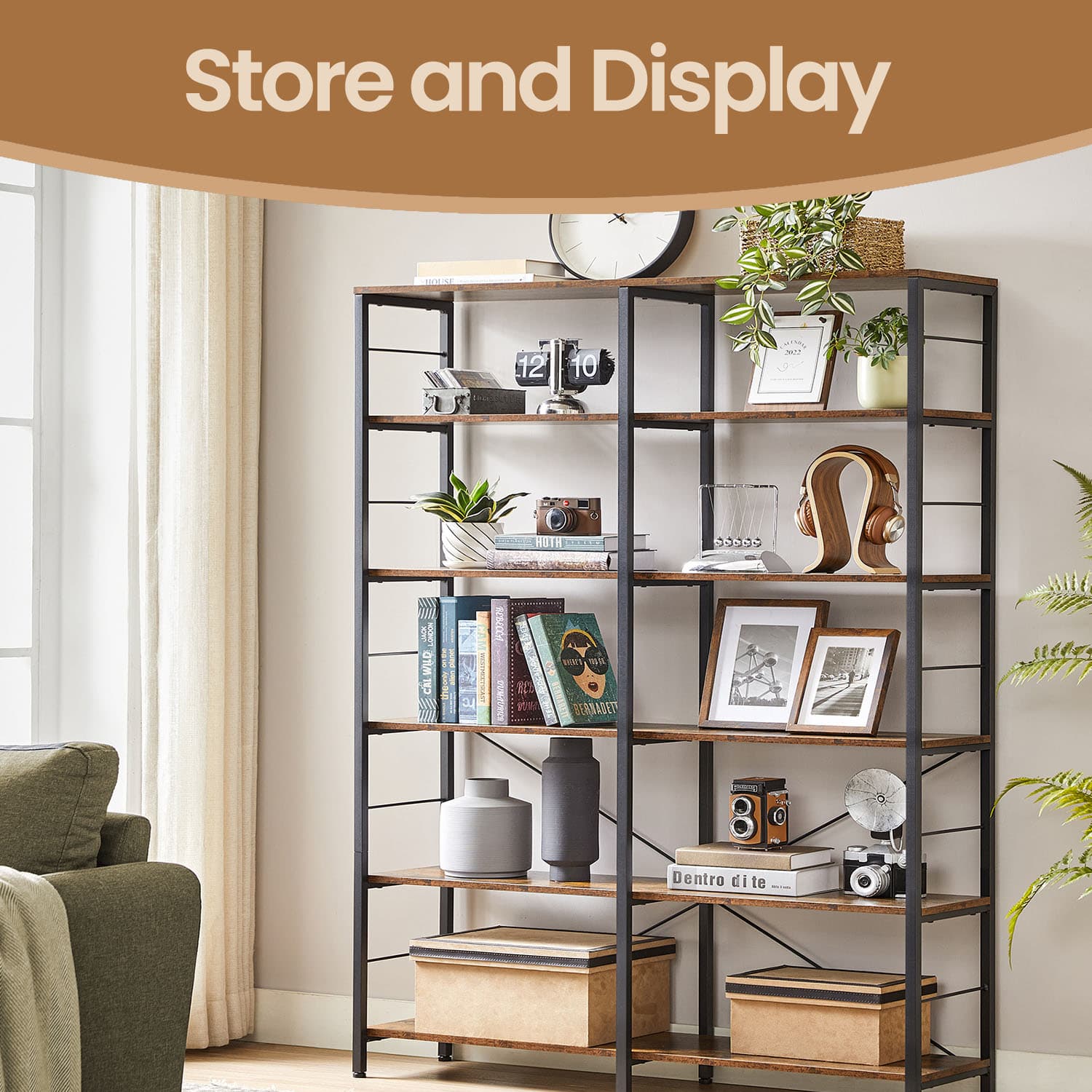 Narrow Storage Shelf, 6-Tier Bookcase for Study, Living Room, Kitchen, Brown and Black - image 2