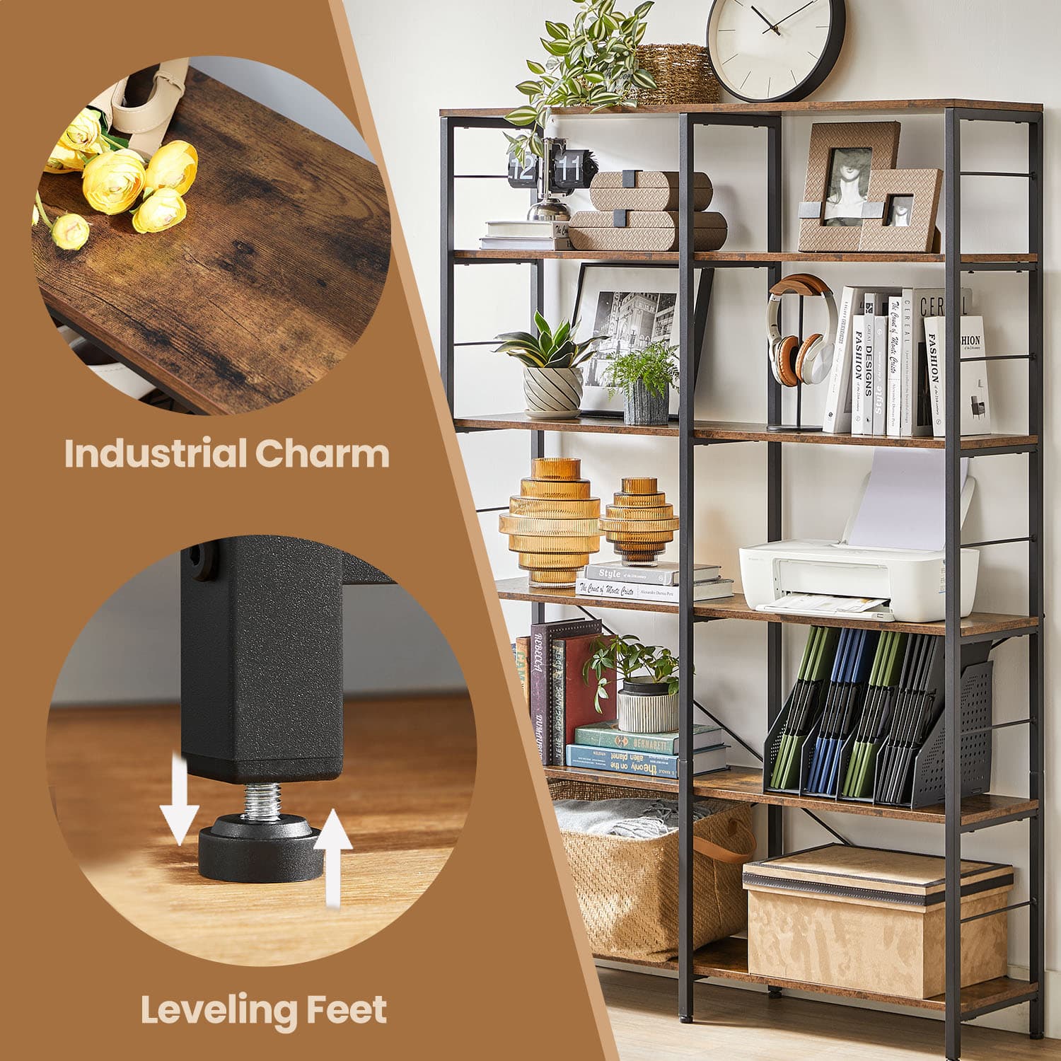 Narrow Storage Shelf, 6-Tier Bookcase for Study, Living Room, Kitchen, Brown and Black - image 4