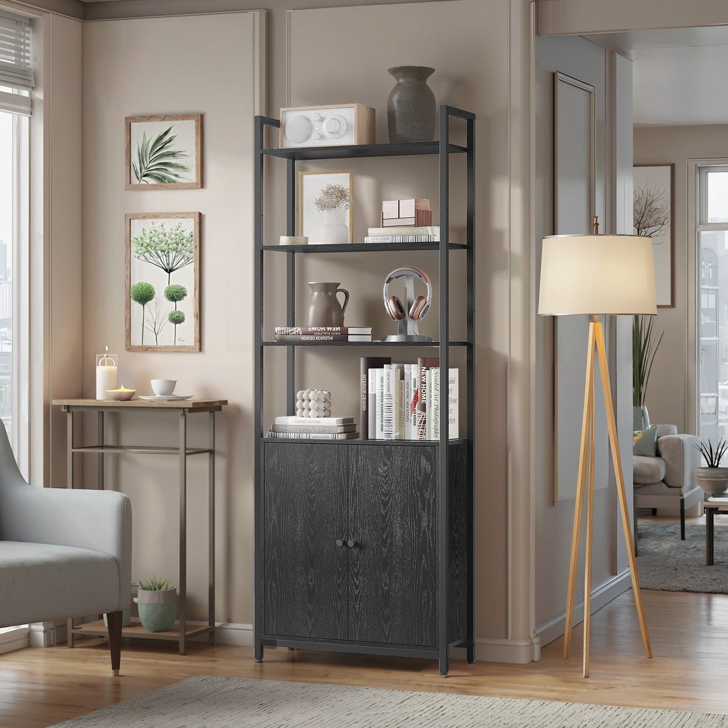 Tall Bookshelf with Door, 6-Tier Bookcase, Metal Frame - image 1