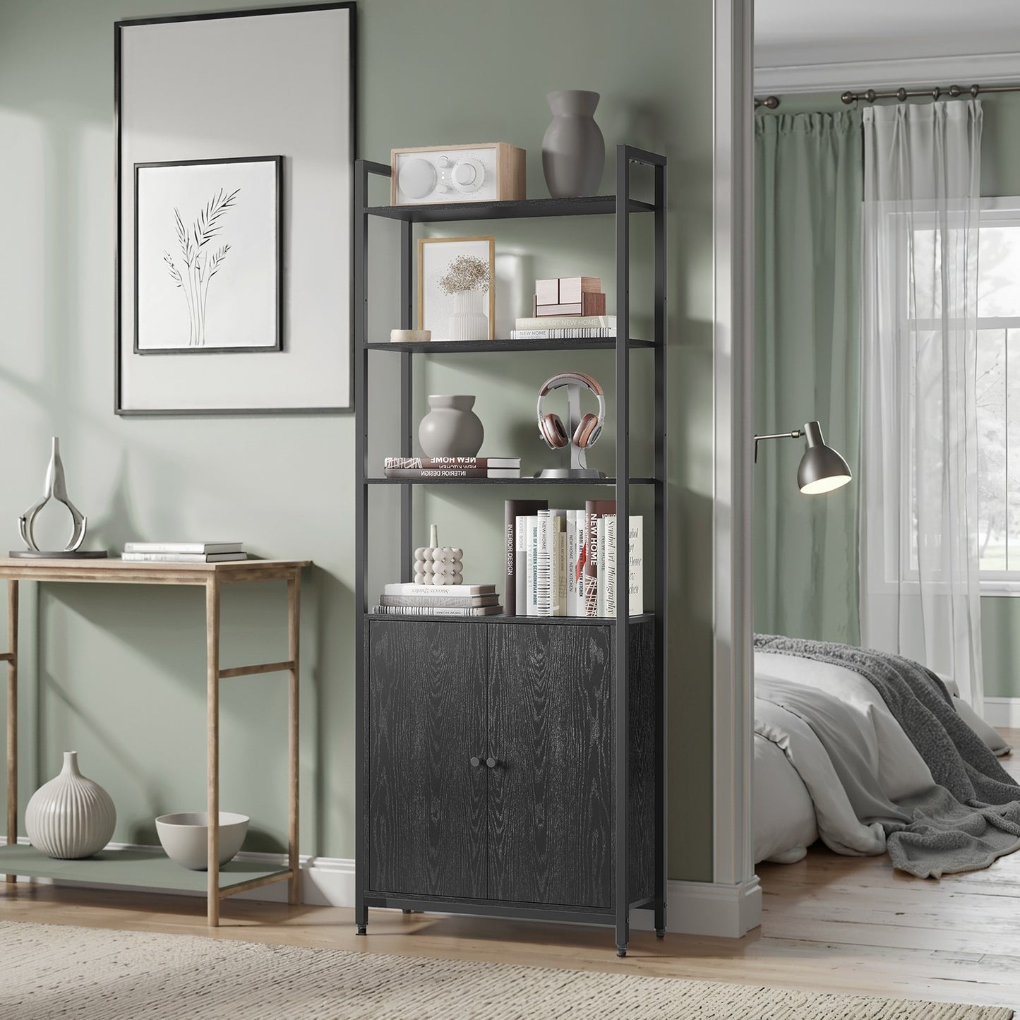 Tall Bookshelf with Door, 6-Tier Bookcase, Metal Frame - image 2